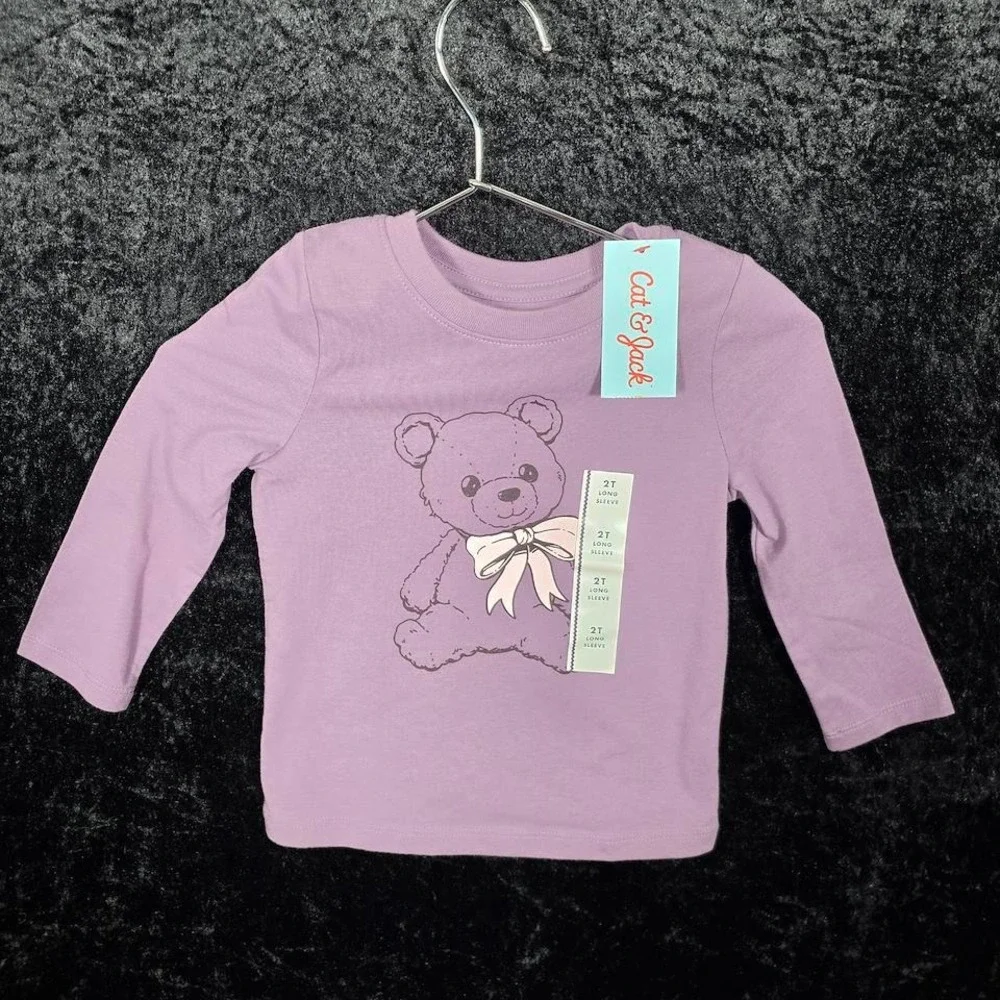 Cat & Jack Toddler Girls Purple Teddy Bear Graphic Long Sleeve T-Shirt 2T NWT